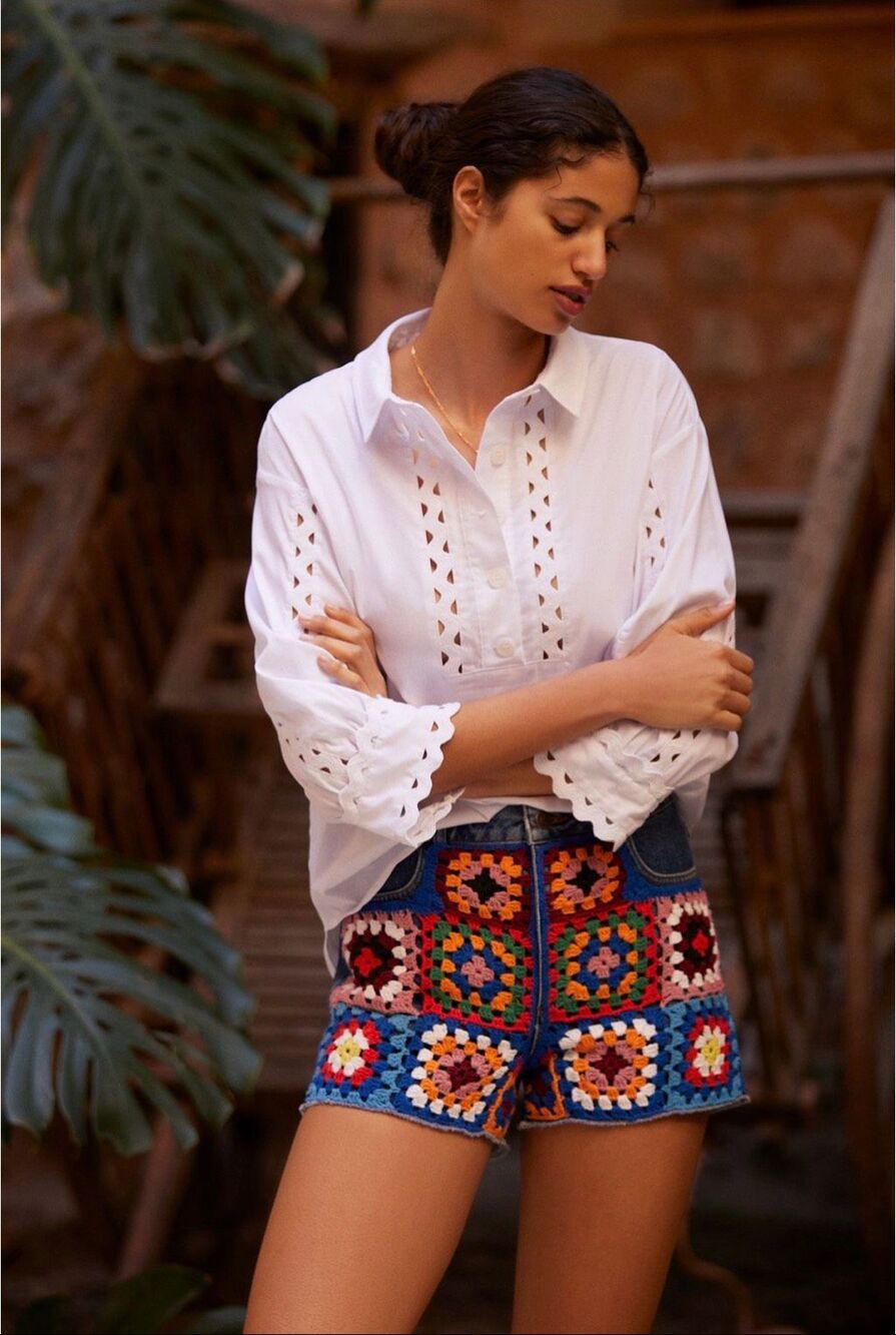 Anthro Farm Rio Ultra High-Rise Crochet Denim Shorts Size 26